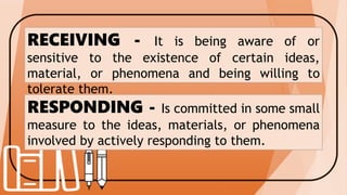 RECEIVING - It is being aware of or
sensitive to the existence of certain ideas,
material, or phenomena and being willing to
tolerate them.
RESPONDING - Is committed in some small
measure to the ideas, materials, or phenomena
involved by actively responding to them.
 