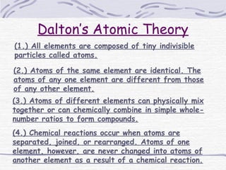 Dalton’s Atomic Theory
(1.) All elements are composed of tiny indivisible
particles called atoms.
(2.) Atoms of the same element are identical. The
atoms of any one element are different from those
of any other element.
(3.) Atoms of different elements can physically mix
together or can chemically combine in simple whole-
number ratios to form compounds.
(4.) Chemical reactions occur when atoms are
separated, joined, or rearranged. Atoms of one
element, however, are never changed into atoms of
another element as a result of a chemical reaction.
 