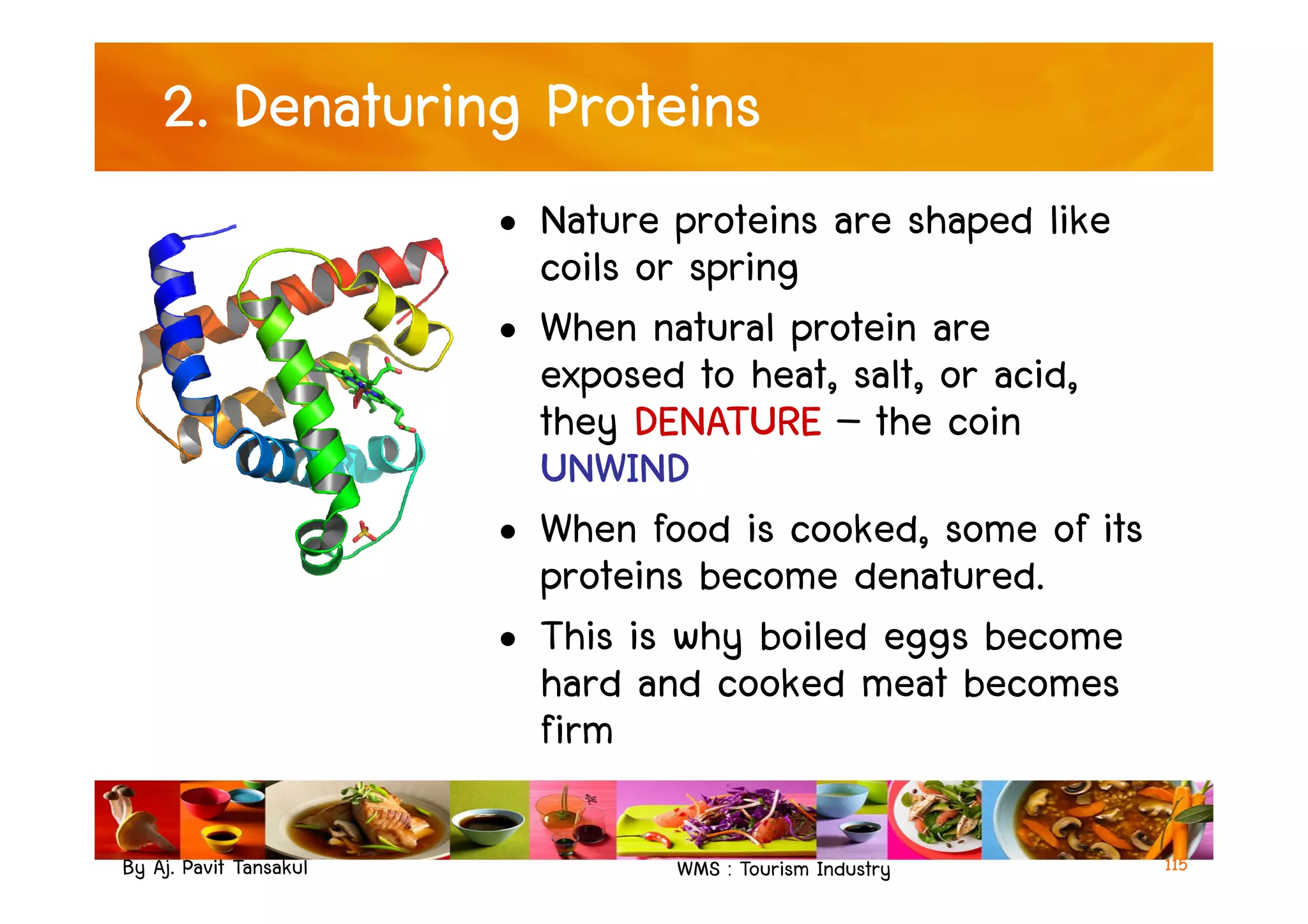 2. Denaturing Proteins
• Nature proteins are shaped like
coils or spring
• When natural protein are
exposed to heat, salt, or acid,
they DENATURE – the coin
UNWIND
By Aj. Pavit Tansakul WMS : Tourism Industry
UNWIND
• When food is cooked, some of its
proteins become denatured.
• This is why boiled eggs become
hard and cooked meat becomes
firm
115
 