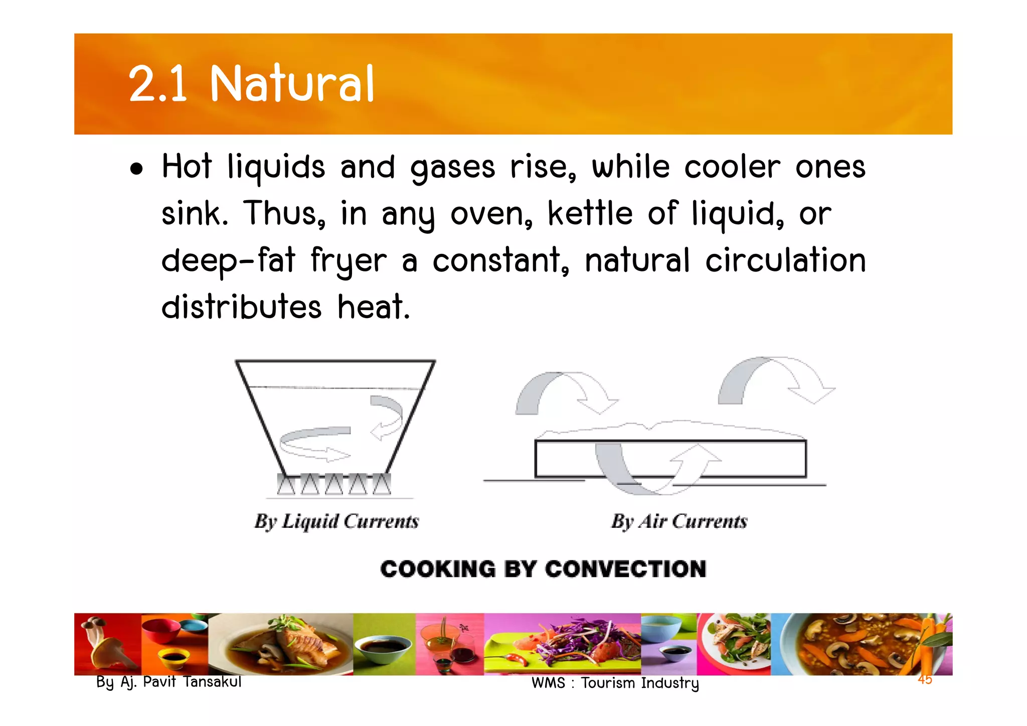 2.1 Natural
• Hot liquids and gases rise, while cooler ones
sink. Thus, in any oven, kettle of liquid, or
deep-fat fryer a constant, natural circulation
distributes heat.
By Aj. Pavit Tansakul WMS : Tourism Industry 45
 