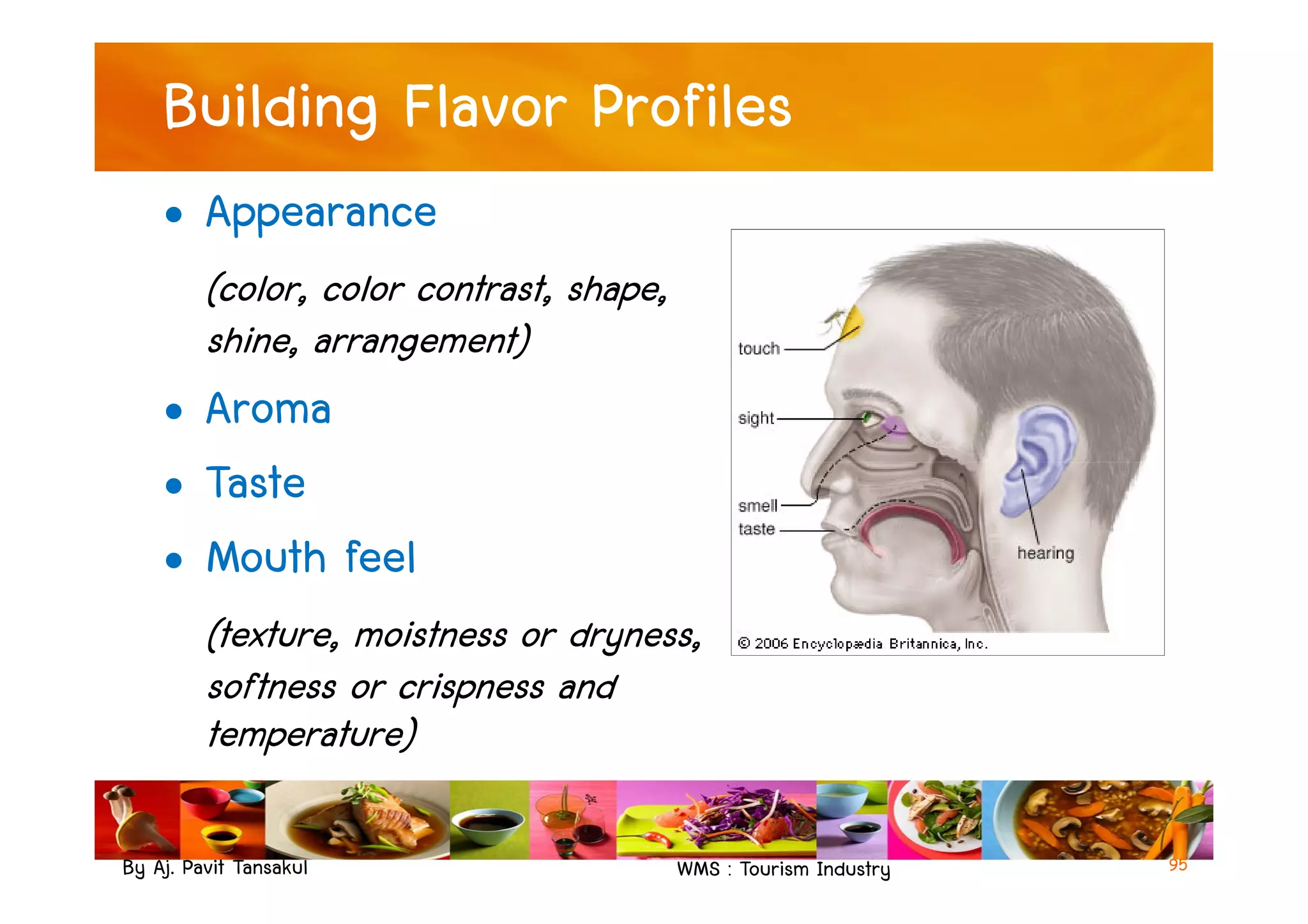 Building Flavor Profiles
• Appearance
(color, color contrast, shape,
shine, arrangement)
• Aroma
• Taste
By Aj. Pavit Tansakul WMS : Tourism Industry 95
• Taste
• Mouth feel
(texture, moistness or dryness,
softness or crispness and
temperature)
 