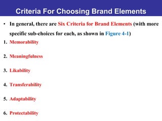 Criteria For Choosing Brand Elements
• In general, there are Six Criteria for Brand Elements (with more
specific sub-choices for each, as shown in Figure 4-1)
1. Memorability
2. Meaningfulness
3. Likability
4. Transferability
5. Adaptability
6. Protectability
 