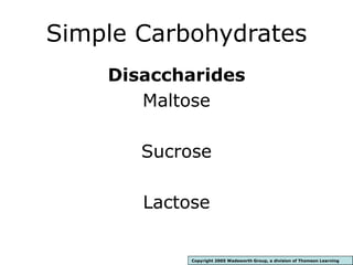 Simple Carbohydrates
Disaccharides
Maltose
Sucrose
Lactose
Copyright 2005 Wadsworth Group, a division of Thomson Learning
 
