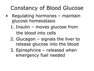 Constancy of Blood Glucose
• Regulating hormones – maintain
glucose homeostasis
1. Insulin – moves glucose from
the blood into cells
2. Glucagon – signals the liver to
release glucose into the blood
3. Epinephrine – released when
emergency fuel needed
 