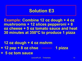 LecturePLUS Timberlake 13
Solution E3
Example: Combine 12 oz dough + 4 oz
mushrooms + 12 slices pepperoni + 8
oz cheese + 5 oz tomato sauce and heat
30 minutes at 350°C to produce 1 pizza
12 oz dough + 4 oz mshrm
+ 12 pep + 8 oz chse 1 pizza
+ 5 oz tom sauce
 