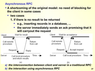 Asynchronous RPC A shortcoming of the original model: no need of blocking for the client in some cases two cases 1. if there is no result to be returned e.g., inserting records in a database, ... the server immediately sends an ack promising that it will carryout the request the client can now proceed without blocking the interconnection between client and server in a traditional RPC the interaction using asynchronous RPC 