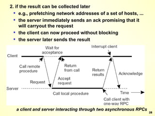 2. if the result can be collected later e.g., prefetching network addresses of a set of hosts, ... the server immediately sends an ack promising that it will carryout the request the client can now proceed without blocking the server later sends the result a client and server interacting through two asynchronous RPCs 
