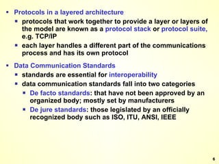 Protocols in a layered architecture  protocols that work together to provide a layer or layers of the model are known as a  protocol   stack  or  protocol   suite,  e.g. TCP/IP each layer handles a different part of the communications process and has its own protocol Data Communication Standards standards are essential for  interoperability data communication standards fall into two categories De   facto   standards : that have not been approved by an organized body; mostly set by manufacturers De   jure   standards : those legislated by an officially recognized body such as ISO, ITU, ANSI, IEEE 
