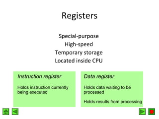 Registers
Special-purpose
High-speed
Temporary storage
Located inside CPU
Instruction register

Data register

Holds instruction currently
being executed

Holds data waiting to be
processed
Holds results from processing

 