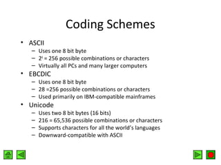 Coding Schemes
• ASCII

– Uses one 8 bit byte
– 28 = 256 possible combinations or characters
– Virtually all PCs and many larger computers

• EBCDIC

– Uses one 8 bit byte
– 28 =256 possible combinations or characters
– Used primarily on IBM-compatible mainframes

• Unicode
–
–
–
–

Uses two 8 bit bytes (16 bits)
216 = 65,536 possible combinations or characters
Supports characters for all the world’s languages
Downward-compatible with ASCII

 