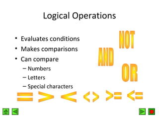 Logical Operations
• Evaluates conditions
• Makes comparisons
• Can compare
– Numbers
– Letters
– Special characters

 