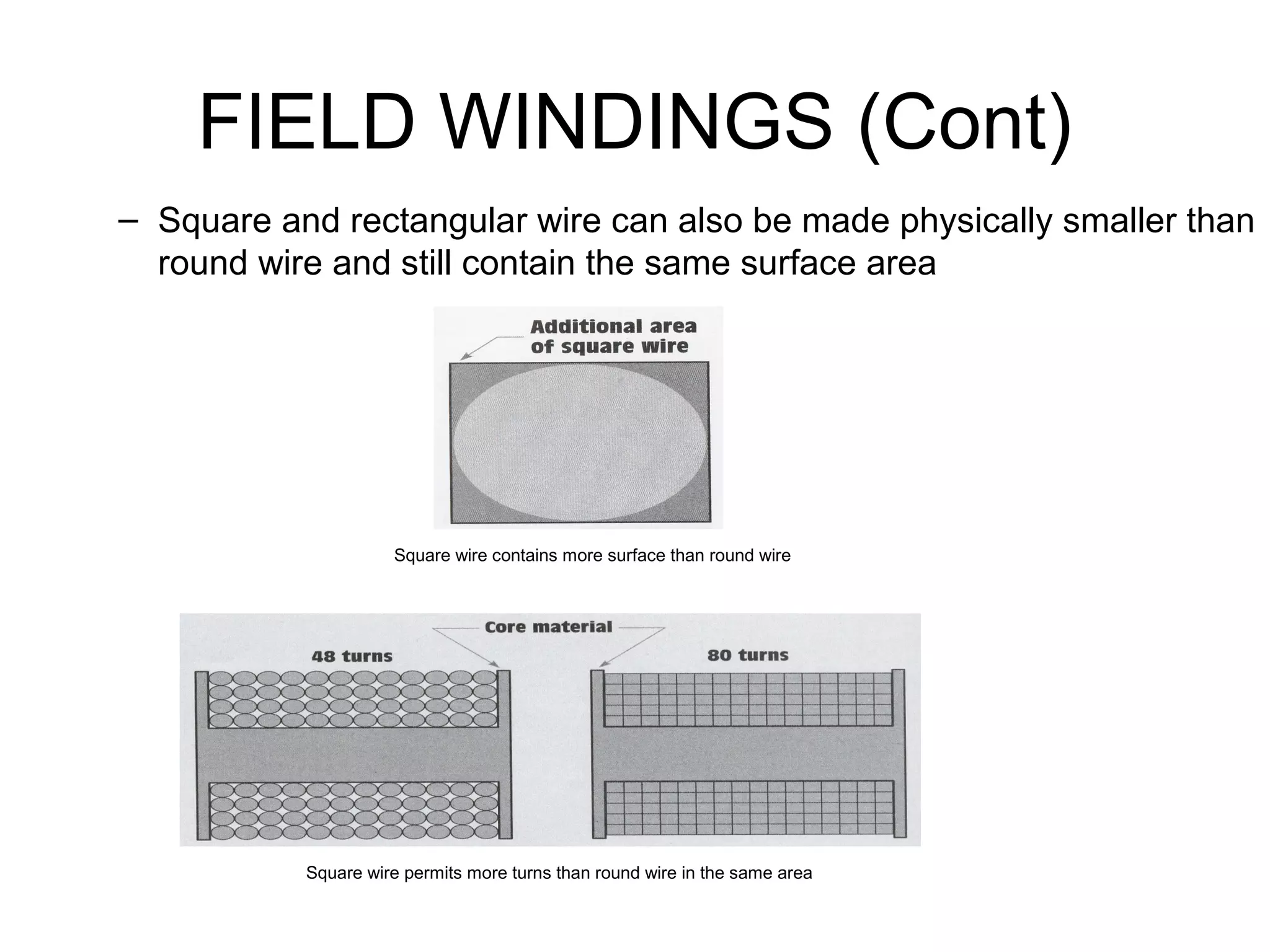 FIELD WINDINGS (Cont) 
– Square and rectangular wire can also be made physically smaller than 
round wire and still contain the same surface area 
Square wire contains more surface than round wire 
Square wire permits more turns than round wire in the same area 
 