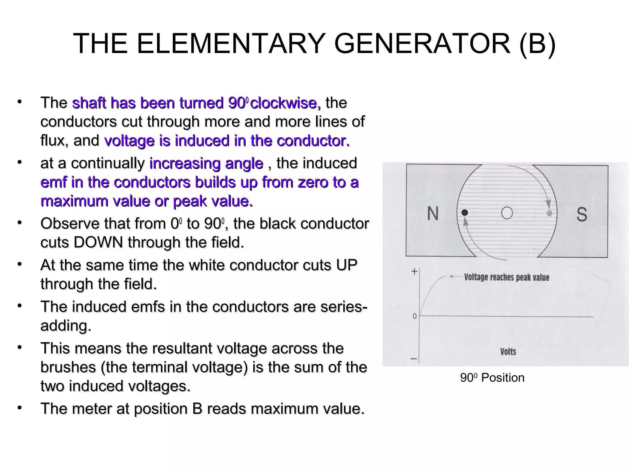 THE ELEMENTARY GENERATOR (B) 
• TThhee sshhaafftt hhaass bbeeeenn ttuurrnneedd 990000 cclloocckkwwiissee,, tthhee 
ccoonndduuccttoorrss ccuutt tthhrroouugghh mmoorree aanndd mmoorree lliinneess ooff 
fflluuxx,, aanndd vvoollttaaggee iiss iinndduucceedd iinn tthhee ccoonndduuccttoorr.. 
• aatt aa ccoonnttiinnuuaallllyy iinnccrreeaassiinngg aannggllee ,, tthhee iinndduucceedd 
eemmff iinn tthhee ccoonndduuccttoorrss bbuuiillddss uupp ffrroomm zzeerroo ttoo aa 
mmaaxxiimmuumm vvaalluuee oorr ppeeaakk vvaalluuee.. 
• OObbsseerrvvee tthhaatt ffrroomm 0000 ttoo 990000,, tthhee bbllaacckk ccoonndduuccttoorr 
ccuuttss DDOOWWNN tthhrroouugghh tthhee ffiieelldd.. 
• AAtt tthhee ssaammee ttiimmee tthhee wwhhiittee ccoonndduuccttoorr ccuuttss UUPP 
tthhrroouugghh tthhee ffiieelldd.. 
• TThhee iinndduucceedd eemmffss iinn tthhee ccoonndduuccttoorrss aarree sseerriieess-- 
aaddddiinngg.. 
• TThhiiss mmeeaannss tthhee rreessuullttaanntt vvoollttaaggee aaccrroossss tthhee 
bbrruusshheess ((tthhee tteerrmmiinnaall vvoollttaaggee)) iiss tthhee ssuumm ooff tthhee 
ttwwoo iinndduucceedd vvoollttaaggeess.. 
• TThhee mmeetteerr aatt ppoossiittiioonn BB rreeaaddss mmaaxxiimmuumm vvaalluuee.. 
900 Position 
 