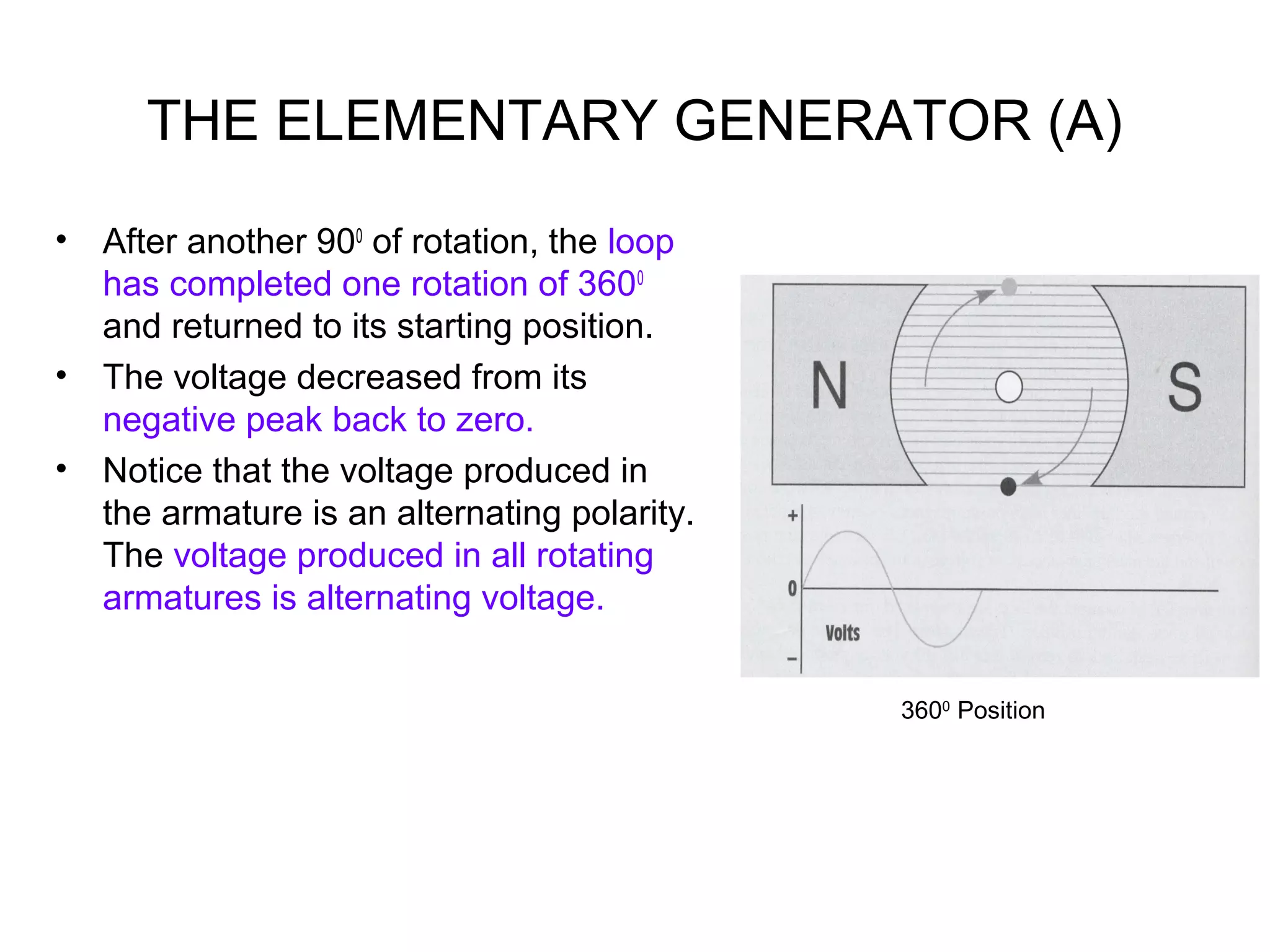 THE ELEMENTARY GENERATOR (A) 
• After another 900 of rotation, the loop 
has completed one rotation of 3600 
and returned to its starting position. 
• The voltage decreased from its 
negative peak back to zero. 
• Notice that the voltage produced in 
the armature is an alternating polarity. 
The voltage produced in all rotating 
armatures is alternating voltage. 
3600 Position 
 