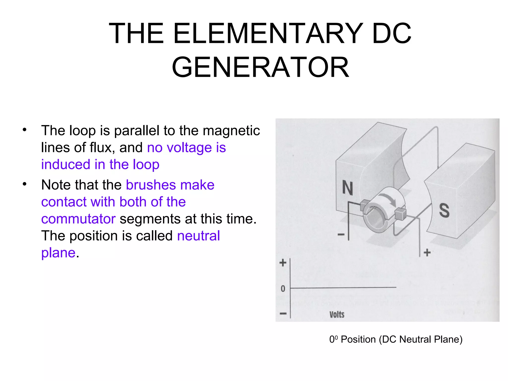 THE ELEMENTARY DC 
GENERATOR 
• The loop is parallel to the magnetic 
lines of flux, and no voltage is 
induced in the loop 
• Note that the brushes make 
contact with both of the 
commutator segments at this time. 
The position is called neutral 
plane. 
00 Position (DC Neutral Plane) 
 