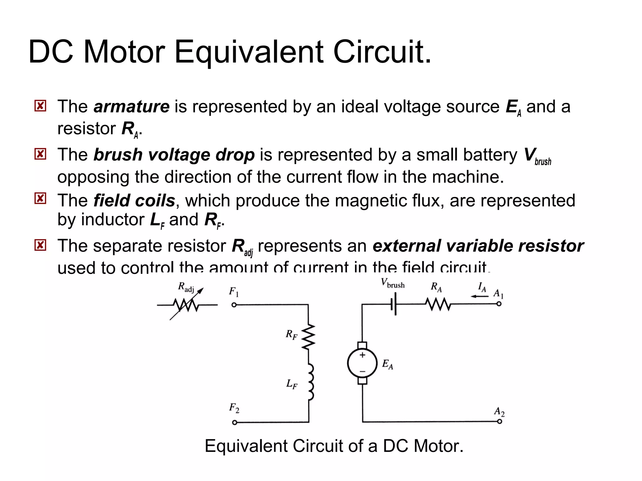 DC Motor Equivalent Circuit. 
 The armature is represented by an ideal voltage source EA and a 
resistor RA. 
 The brush voltage drop is represented by a small battery Vbrush 
opposing the direction of the current flow in the machine. 
 The field coils, which produce the magnetic flux, are represented 
by inductor LF and RF. 
 The separate resistor Radj represents an external variable resistor 
used to control the amount of current in the field circuit. 
Equivalent Circuit of a DC Motor. 
 