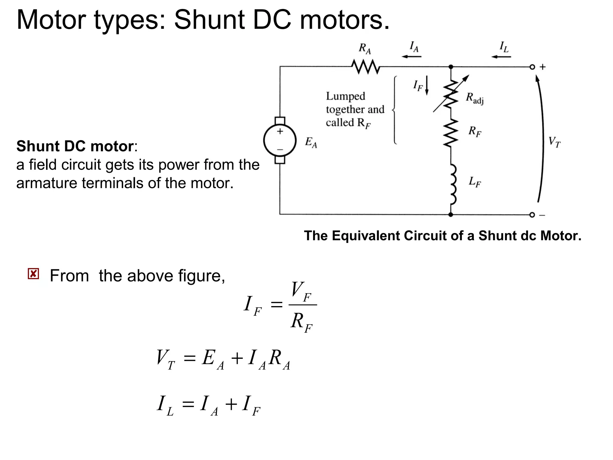 Motor types: Shunt DC motors. 
The Equivalent Circuit of a Shunt dc Motor. 
Shunt DC motor: 
a field circuit gets its power from the 
armature terminals of the motor. 
 From the above figure, 
F 
F 
I = V 
F R 
T A A A V = E + I R 
L A F I = I + I 
 