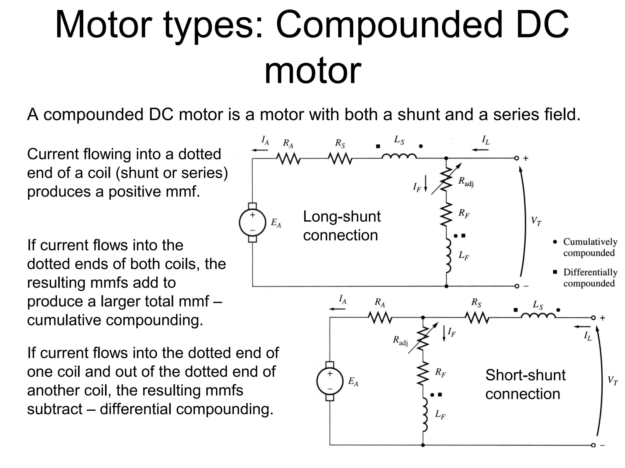 Motor types: Compounded DC 
motor 
A compounded DC motor is a motor with both a shunt and a series field. 
Long-shunt 
connection 
Short-shunt 
connection 
Current flowing into a dotted 
end of a coil (shunt or series) 
produces a positive mmf. 
If current flows into the 
dotted ends of both coils, the 
resulting mmfs add to 
produce a larger total mmf – 
cumulative compounding. 
If current flows into the dotted end of 
one coil and out of the dotted end of 
another coil, the resulting mmfs 
subtract – differential compounding. 
 