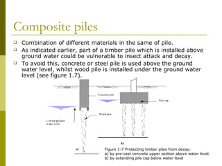 Composite piles




Combination of different materials in the same of pile.
As indicated earlier, part of a timber pile which is installed above
ground water could be vulnerable to insect attack and decay.
To avoid this, concrete or steel pile is used above the ground
water level, whilst wood pile is installed under the ground water
level (see figure 1.7).

Figure 1-7 Protecting timber piles from decay:
a) by pre-cast concrete upper section above water level.
b) by extending pile cap below water level

 