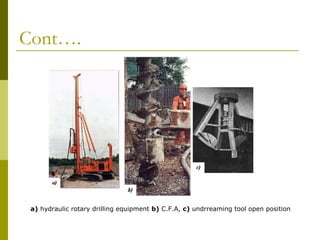 Cont….

a) hydraulic rotary drilling equipment b) C.F.A, c) undrreaming tool open position

 
