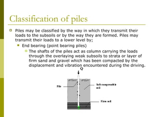 Classification of piles


Piles may be classified by the way in which they transmit their
loads to the subsoils or by the way they are formed. Piles may
transmit their loads to a lower level by;
 End bearing (point bearing piles)
 The shafts of the piles act as column carrying the loads
through the overlaying weak subsoils to strata or layer of
firm sand and gravel which has been compacted by the
displacement and vibration encountered during the driving.

 
