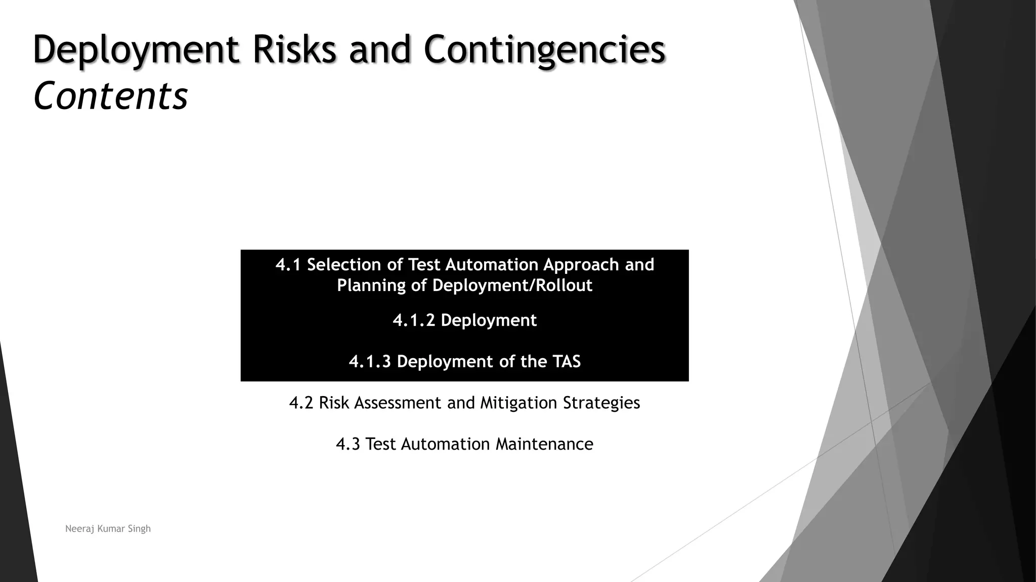 Deployment Risks and Contingencies
Contents
4.1 Selection of Test Automation Approach and
Planning of Deployment/Rollout
4.1.2 Deployment
4.1.3 Deployment of the TAS
4.2 Risk Assessment and Mitigation Strategies
4.3 Test Automation Maintenance
Neeraj Kumar Singh
 