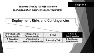 Deployment Risks and Contingencies
1 Introduction to
Test Automation
2 Preparing for
Test Automation
3 gTAA
Software Testing - ISTQB Advance
Test Automation Engineer Exam Preparation
Chapter 4
Neeraj Kumar Singh
5 Reporting
& Metrics
6 Transitioning
Manual to Automation
7 Verifying TAS
8 Continuous
Improvement
4 Risks &
Contingencies
 