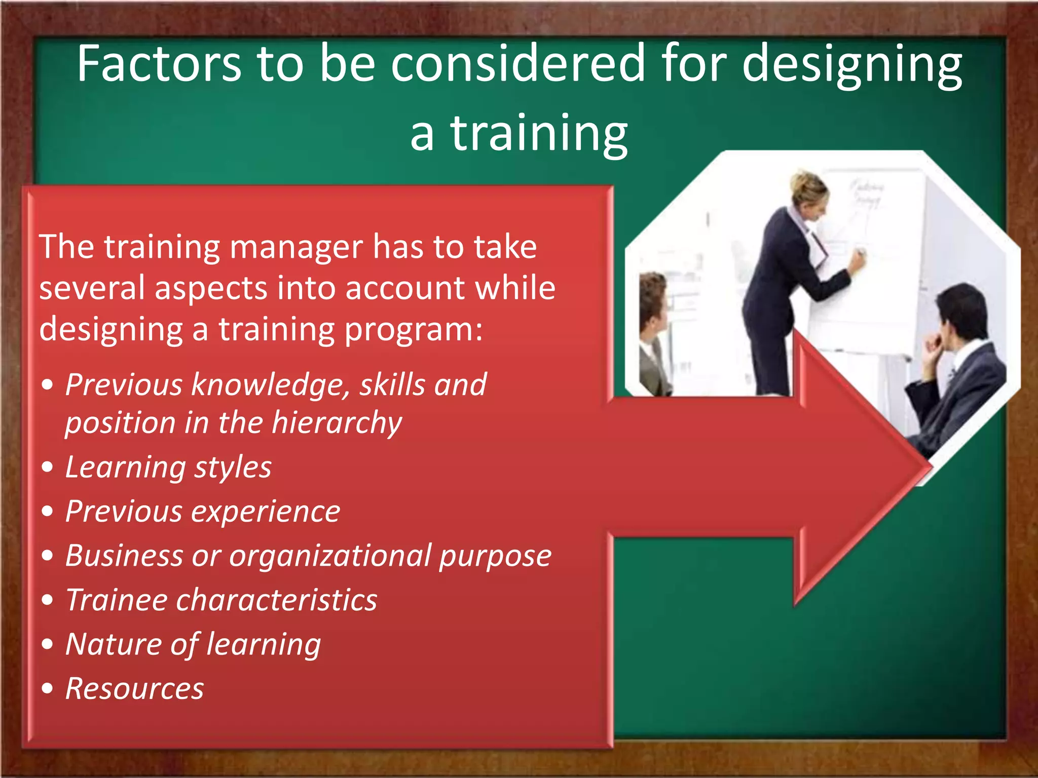 Factors to be considered for designing
a training
The training manager has to take
several aspects into account while
designing a training program:
• Previous knowledge, skills and
position in the hierarchy
• Learning styles
• Previous experience
• Business or organizational purpose
• Trainee characteristics
• Nature of learning
• Resources
 