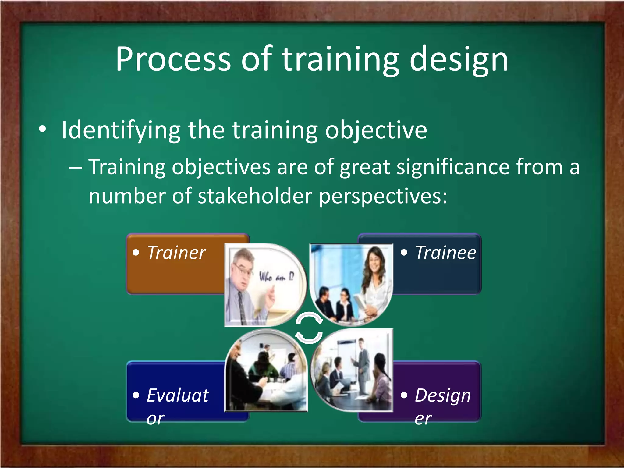 Process of training design
• Identifying the training objective
– Training objectives are of great significance from a
number of stakeholder perspectives:
• Design
er
• Evaluat
or
• Trainee• Trainer
 