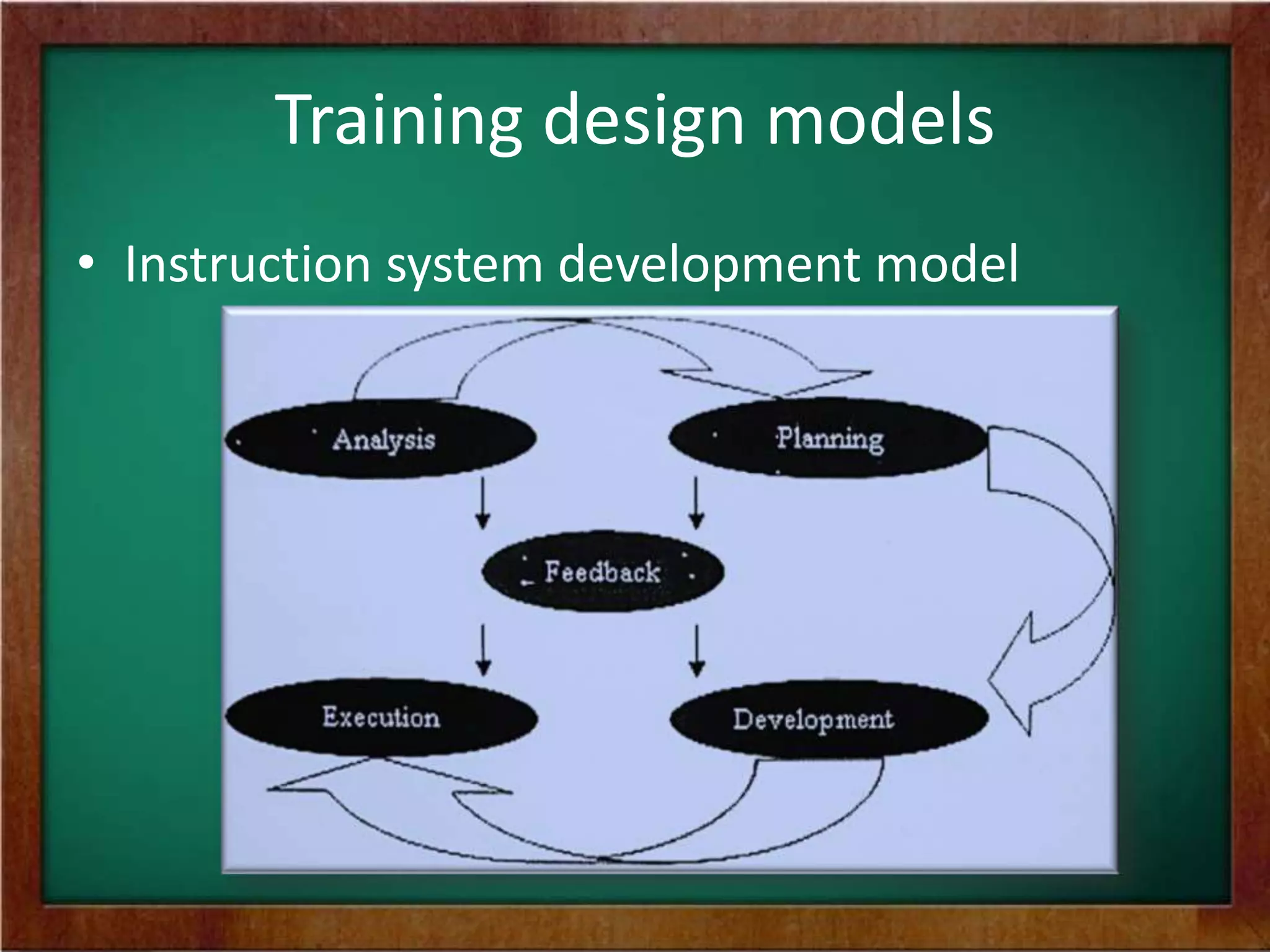 Training design models
• Instruction system development model
 