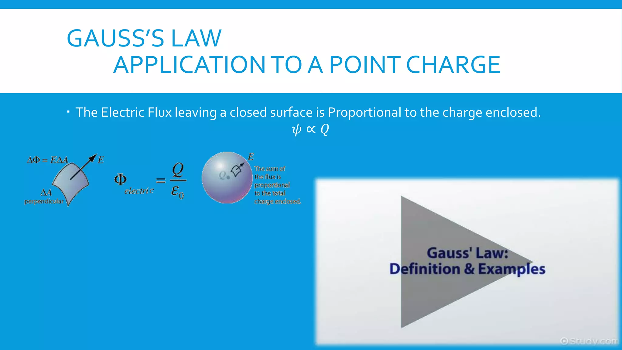 GAUSS’S LAW
APPLICATIONTO A POINT CHARGE
 The Electric Flux leaving a closed surface is Proportional to the charge enclosed.
𝜓 ∝ 𝑄
 