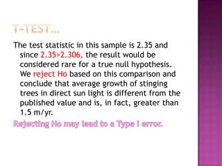 The test statistic in this sample is 2.35 and
since 2.35>2.306, the result would be
considered rare for a true null hypothesis.
We reject Ho based on this comparison and
conclude that average growth of stinging
trees in direct sun light is different from the
published value and is, in fact, greater than
1.5 m/yr.

 