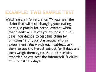 Watching an infomercial on TV you hear the
claim that without changing your eating
habits, a particular herbal extract when
taken daily will allow you to loose 5lb in 5
days. You decide to test this claim by
enlisting 12 of your classmates into an
experiment. You weigh each subject, ask
them to use the herbal extract for 5 days and
then weigh them again. From the results
recorded below, test the infomercial’s claim
of 5 lb lost in 5 days.

 