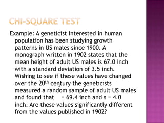 Example: A geneticist interested in human
population has been studying growth
patterns in US males since 1900. A
monograph written in 1902 states that the
mean height of adult US males is 67.0 inch
with a standard deviation of 3.5 inch.
Wishing to see if these values have changed
over the 20th century the geneticists
X
measured a random sample of adult US males
and found that = 69.4 inch and s = 4.0
inch. Are these values significantly different
from the values published in 1902?

 