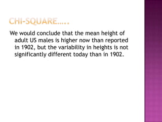 We would conclude that the mean height of
adult US males is higher now than reported
in 1902, but the variability in heights is not
significantly different today than in 1902.

 