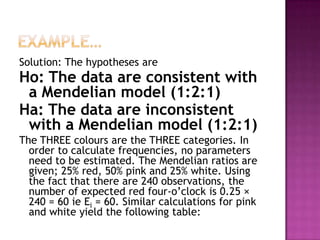 Solution: The hypotheses are

Ho: The data are consistent with
a Mendelian model (1:2:1)
Ha: The data are inconsistent
with a Mendelian model (1:2:1)
The THREE colours are the THREE categories. In
order to calculate frequencies, no parameters
need to be estimated. The Mendelian ratios are
given; 25% red, 50% pink and 25% white. Using
the fact that there are 240 observations, the
number of expected red four-o’clock is 0.25 ×
240 = 60 ie Ei = 60. Similar calculations for pink
and white yield the following table:

 