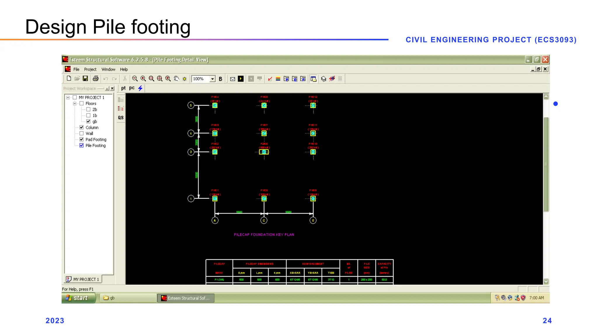 2023
CIVIL ENGINEERING PROJECT (ECS3093)
24
Design Pile footing
 