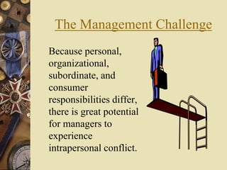 The Management Challenge
Because personal,
organizational,
subordinate, and
consumer
responsibilities differ,
there is great potential
for managers to
experience
intrapersonal conflict.
 