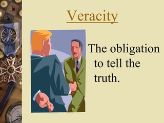 Veracity
The obligation
to tell the
truth.
 
