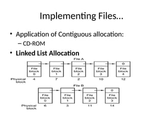 Implementing Files…
• Application of Contiguous allocation:
– CD-ROM
• Linked List Allocation
 