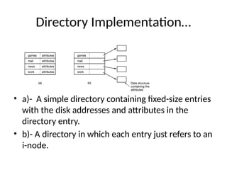 Directory Implementation…
• a)- A simple directory containing fixed-size entries
with the disk addresses and attributes in the
directory entry.
• b)- A directory in which each entry just refers to an
i-node.
 