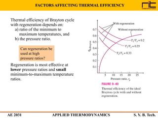 AE 2031 APPLIED THERMODYNAMICS S. Y. B. Tech.
Thermal efficiency of Brayton cycle
with regeneration depends on:
a) ratio o...