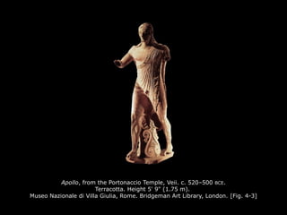 Apollo, from the Portonaccio Temple, Veii. c. 520–500 BCE.
Terracotta. Height 5' 9" (1.75 m).
Museo Nazionale di Villa Giulia, Rome. Bridgeman Art Library, London. [Fig. 4-3]
 