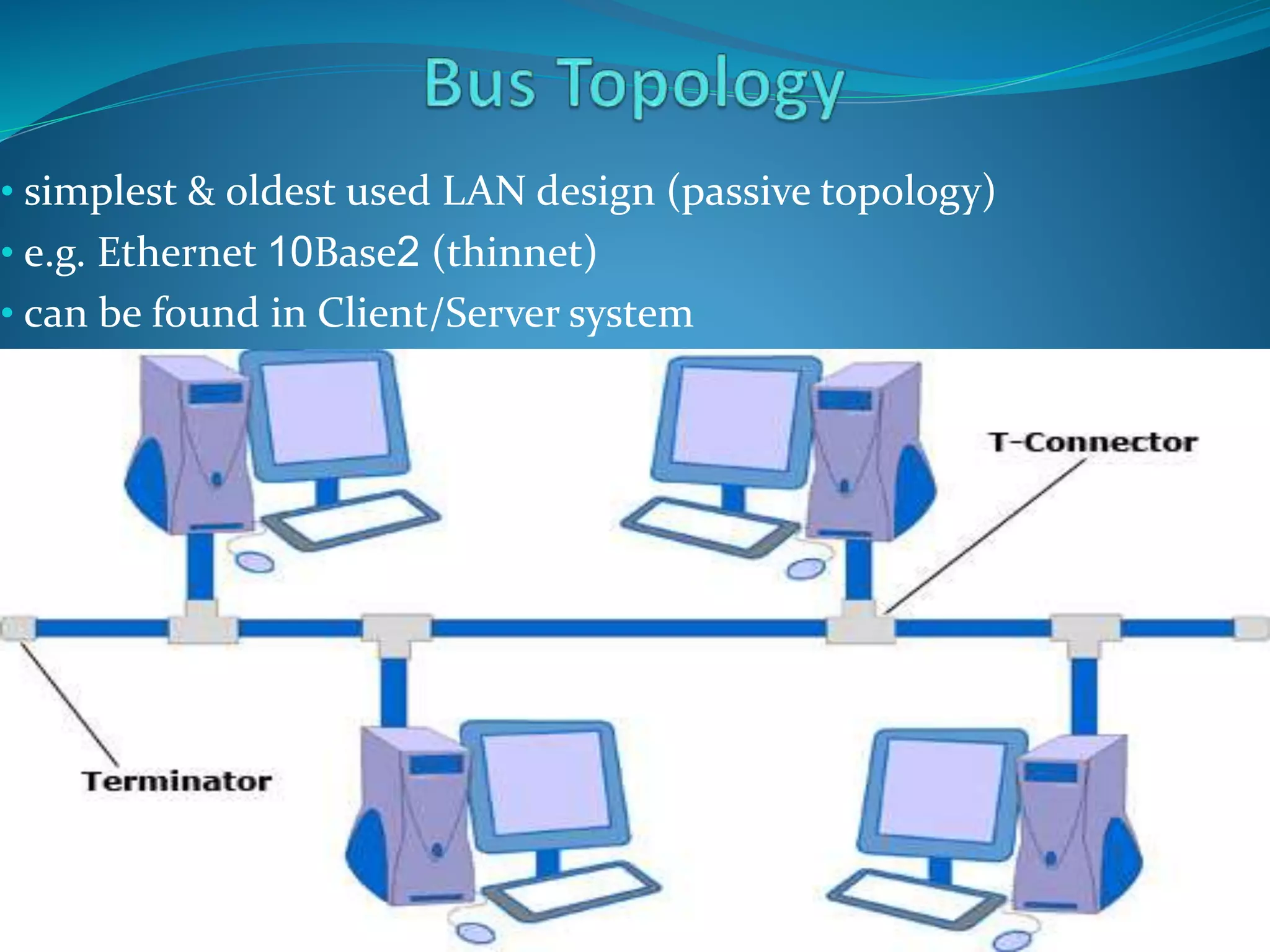 • simplest & oldest used LAN design (passive topology)
• e.g. Ethernet 10Base2 (thinnet)
• can be found in Client/Server system
 