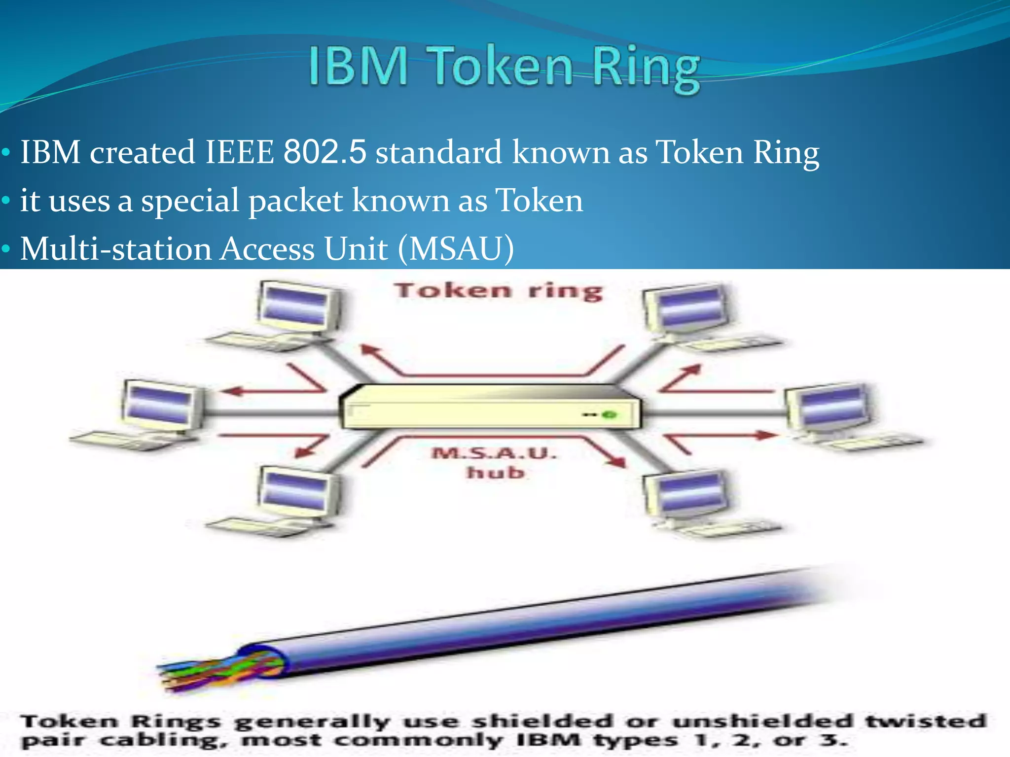• IBM created IEEE 802.5 standard known as Token Ring
• it uses a special packet known as Token
• Multi-station Access Unit (MSAU)
 