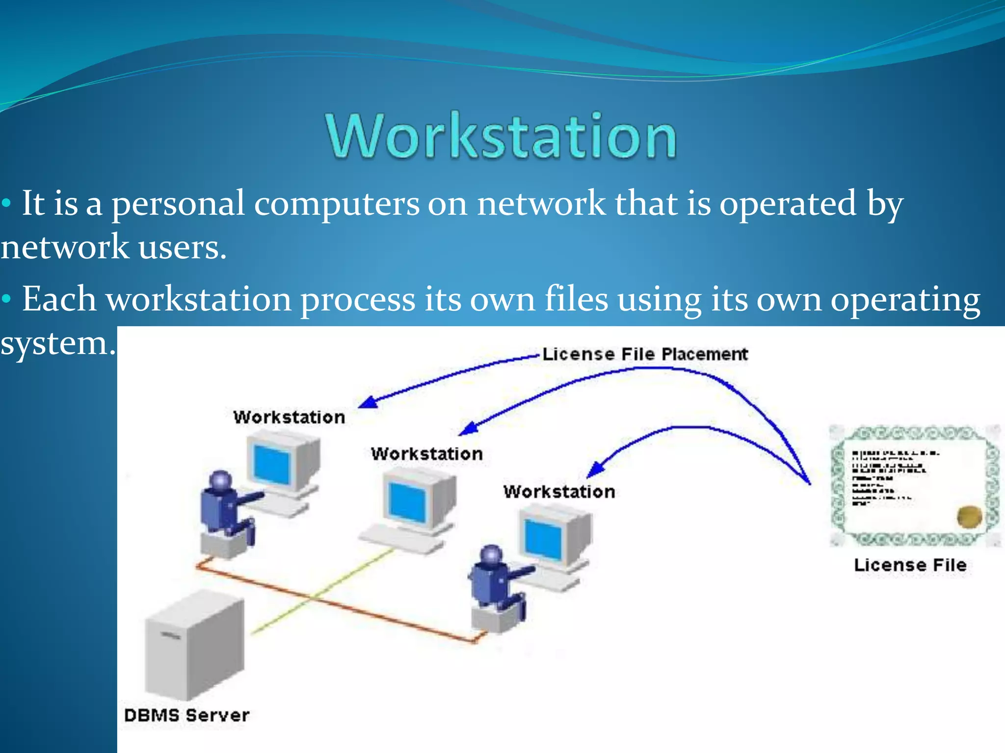 • It is a personal computers on network that is operated by
network users.
• Each workstation process its own files using its own operating
system.
 