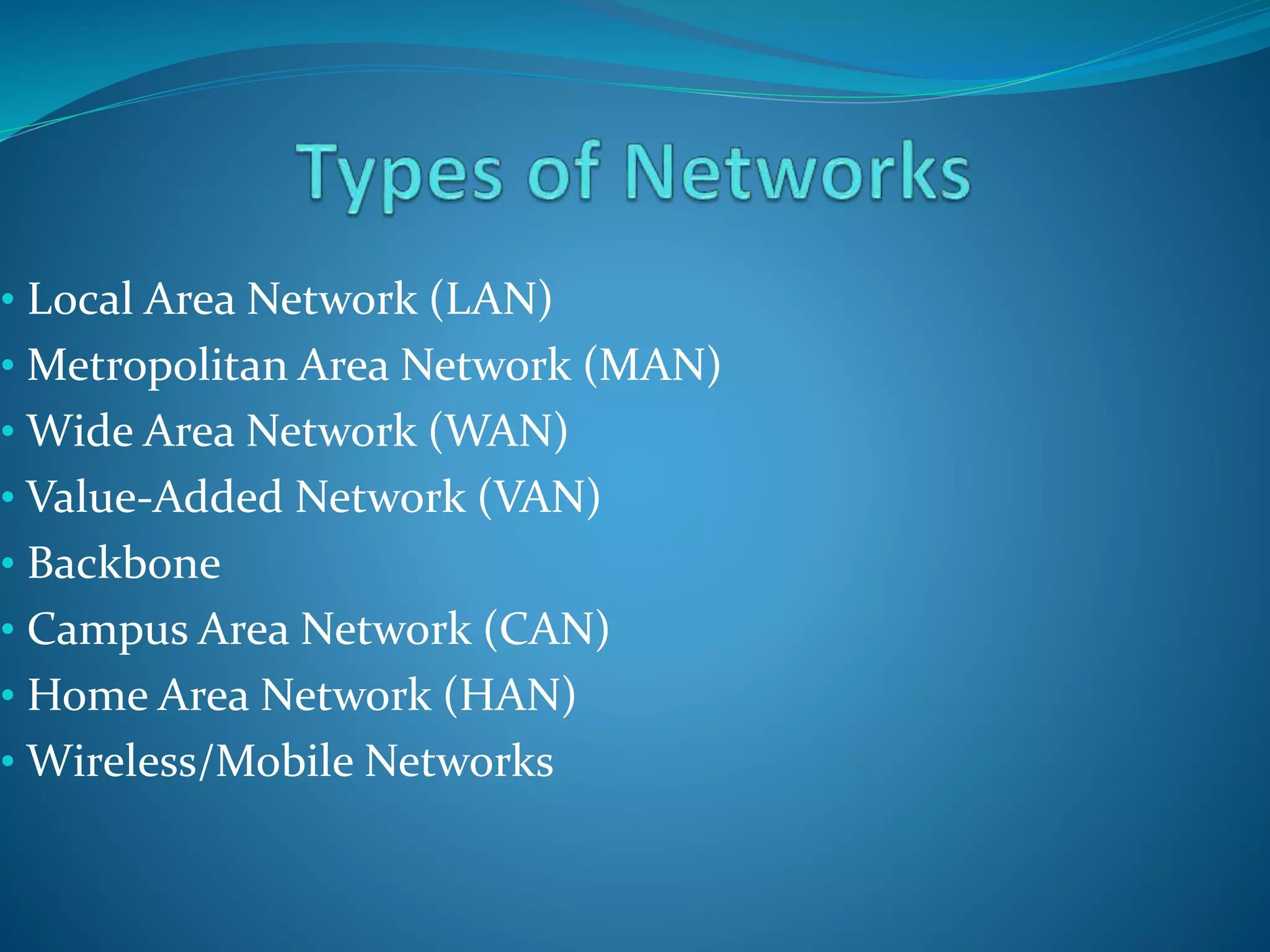 • Local Area Network (LAN)
• Metropolitan Area Network (MAN)
• Wide Area Network (WAN)
• Value-Added Network (VAN)
• Backbone
• Campus Area Network (CAN)
• Home Area Network (HAN)
• Wireless/Mobile Networks
 