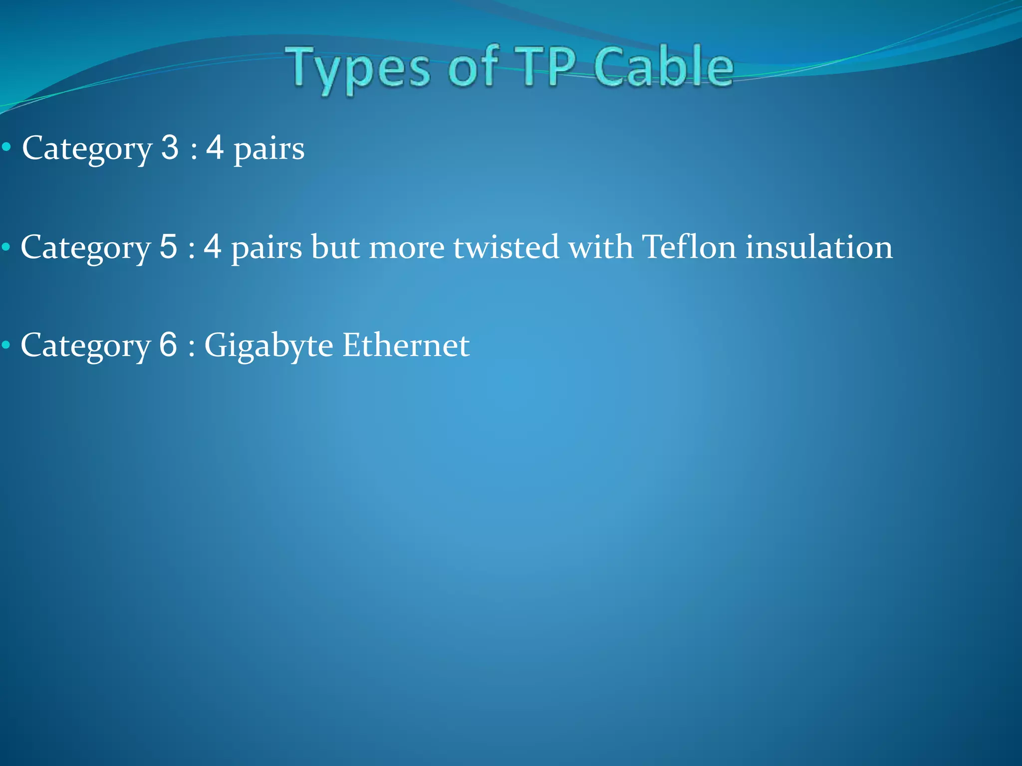 • Category 3 : 4 pairs
• Category 5 : 4 pairs but more twisted with Teflon insulation
• Category 6 : Gigabyte Ethernet
 