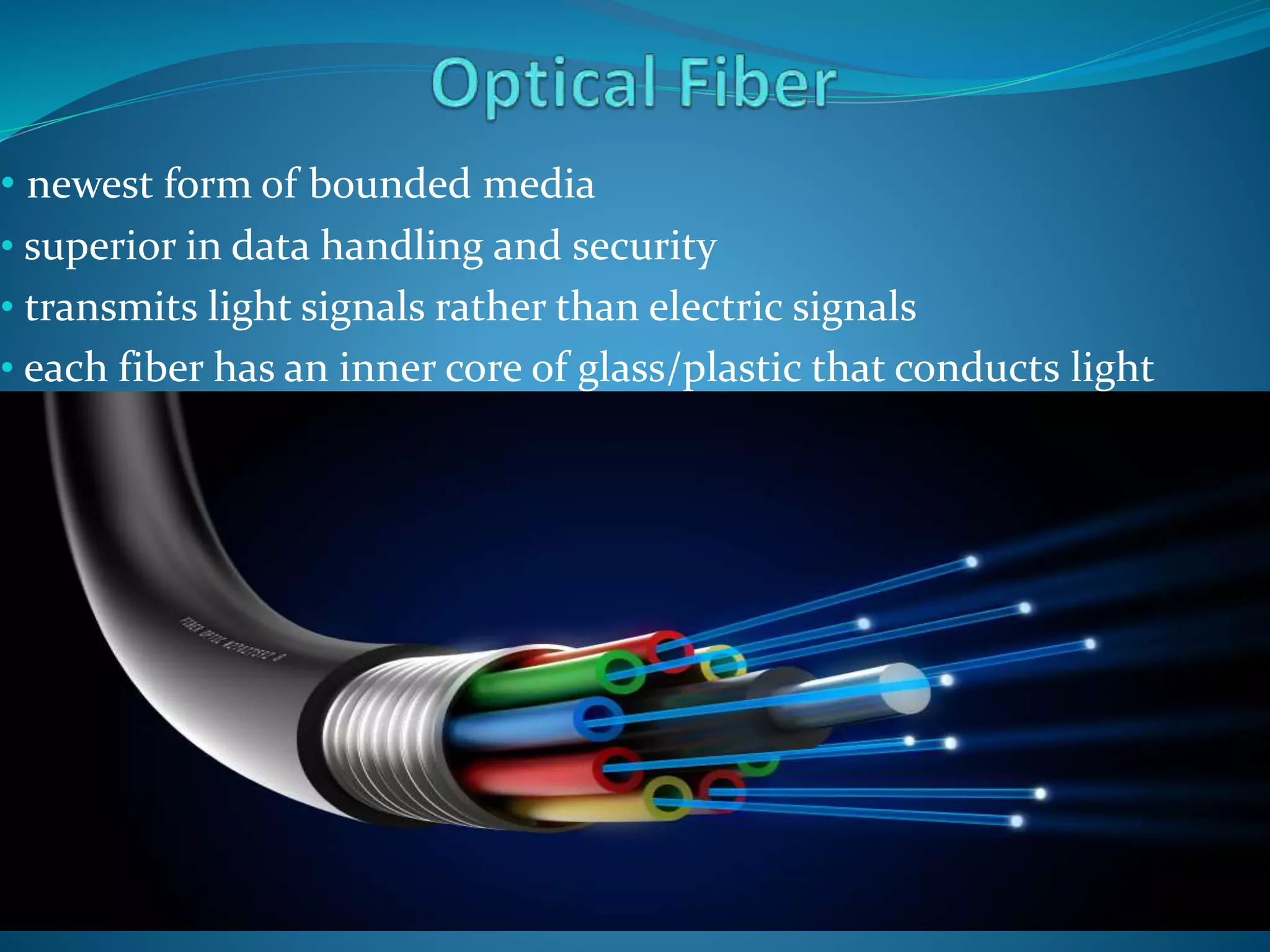 • newest form of bounded media
• superior in data handling and security
• transmits light signals rather than electric signals
• each fiber has an inner core of glass/plastic that conducts light
 