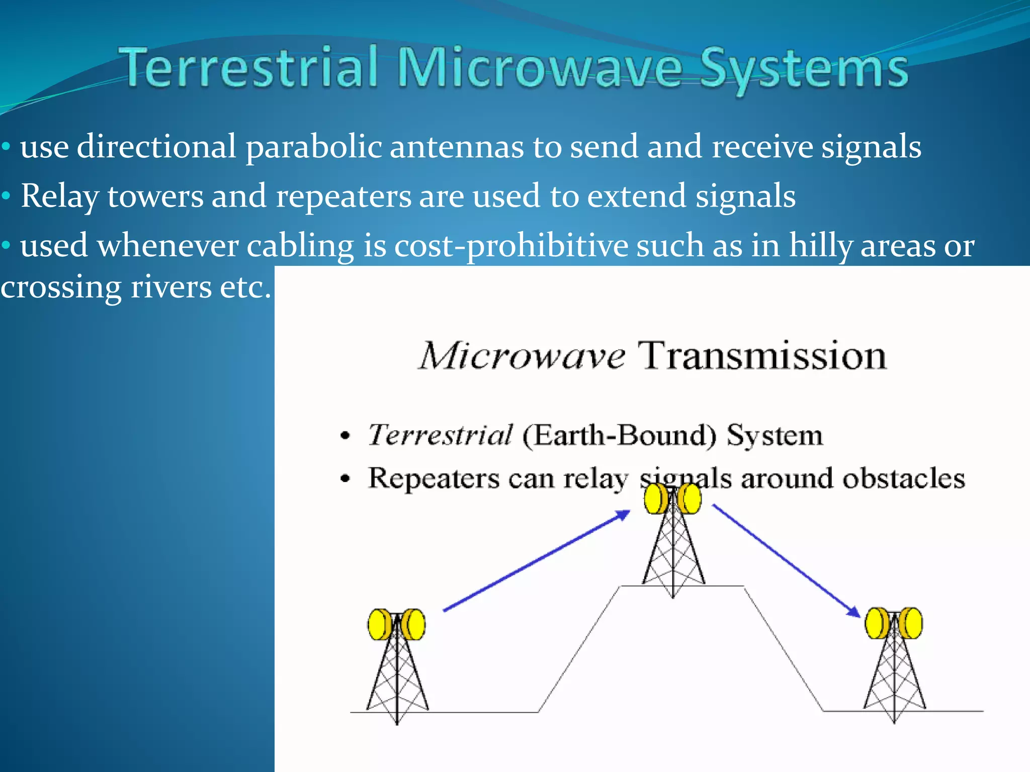 • use directional parabolic antennas to send and receive signals
• Relay towers and repeaters are used to extend signals
• used whenever cabling is cost-prohibitive such as in hilly areas or
crossing rivers etc.
 